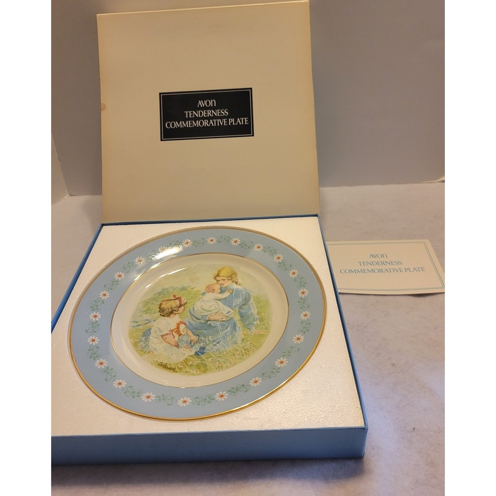 Avon Tenderness Commemorative Plate 1974 Vintage Motherhood Gift Blue White Gold